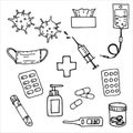 Vector drawing in the style of doodle. set of elements on the theme of medicine corona virus. pills, dropper, thermometer and othe Royalty Free Stock Photo